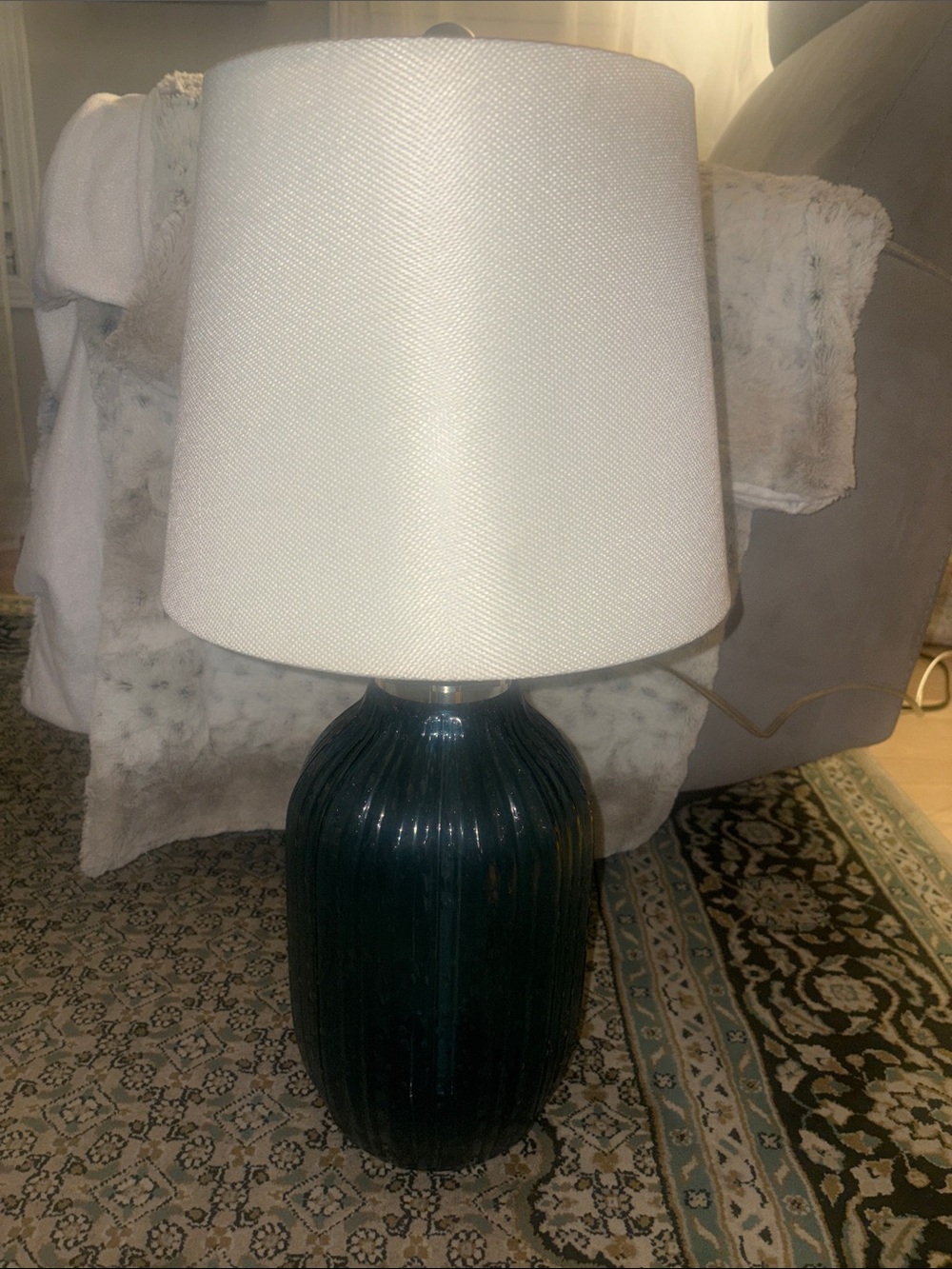 Table Lamp with Blue Bubble Ribbed Glass Base